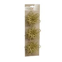 Decoris 3x stuks decoratie bloemen goud glitter op clip 11 cm -