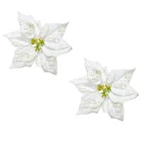 Bellatio 2x stuks decoratie bloemen kerstster wit glitter op clip 20 cm -