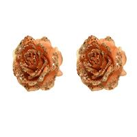 Bellatio 2x stuks decoratie bloemen roos terra bruin glitter op clip 14 cm -
