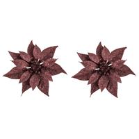 Cosy @ Home 2x stuks decoratie bloemen kerstster donkerrood glitter op clip 18 cm -