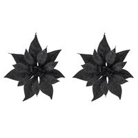 Cosy @ Home 2x stuks decoratie bloemen kerstster zwart glitter op clip 18 cm -