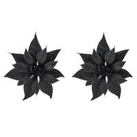 Cosy @ Home 2x stuks decoratie bloemen kerstster zwart glitter op clip 18 cm -