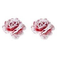 Cosy @ Home 2x stuks decoratie bloemen roos roze met sneeuw op clip 15 cm -