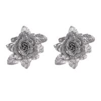 Cosy @ Home 2x stuks decoratie bloemen roos zilver glitter met blad op clip 15 cm -