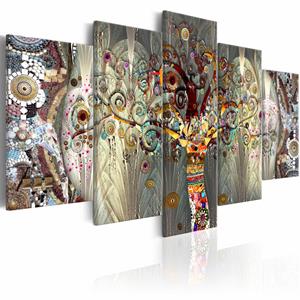 Karo-art Schilderij - Boom des Levens ,5 luik, Abstract schilderij, print op echt Italiaans canvas, multikleur