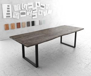 DELIFE Esstisch Edge 260x100 Akazie Platin Kufengestell Schwarz Live-Edge