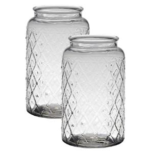 Bellatio 2x stuks transparante bloemenvaas met ruitjesprint van glas met hoogte 26,5 cm en diameter 16 cm