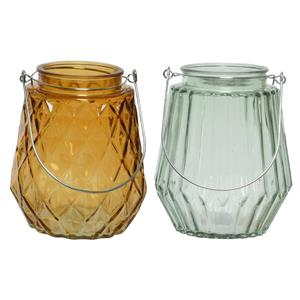 Decoris Set Van 2x Stuks Theelichthouders/waxinelichthouders Glas Cognac En Mistgroen 11 X 13 Cm - Waxinelichtjeshouders