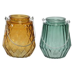 Decoris Set Van 2x Stuks Theelichthouders/waxinelichthouders Glas Cognac En Zeegroen 11 X 13 Cm - Waxinelichtjeshouders