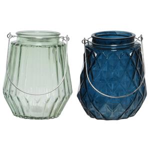 Decoris Set Van 2x Stuks Theelichthouders/waxinelichthouders Glas Donkerblauw En Mistgroen 11 X 13 Cm - Waxinelichtjeshouders