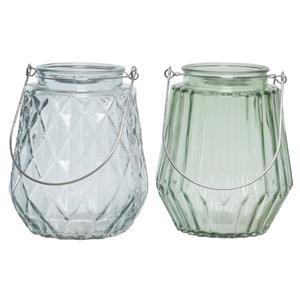 Decoris Set Van 2x Stuks Theelichthouders/waxinelichthouders Glas Ijsblauw En Mistgroen 11 X 13 Cm - Waxinelichtjeshouders