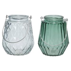 Decoris Set Van 2x Stuks Theelichthouders/waxinelichthouders Glas Ijsblauw En Zeegroen 11 X 13 Cm - Waxinelichtjeshouders