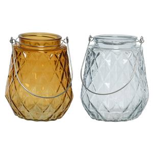 Decoris Set Van 2x Stuks Theelichthouders/waxinelichthouders Ruitjes Glas Cognac En Ijsblauw 11 X 13 Cm - Waxinelichtjeshouders