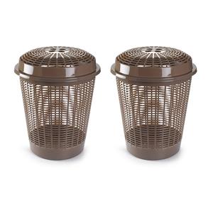 Set Van 2x Stuks Ronde Wasmanden/opberg Mand Met Deksel 50 Liter In Het Taupe Bruin - Wasmanden