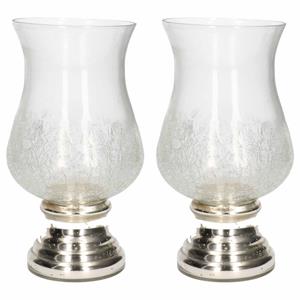 2x Craquele Glazen Kaarsenhouders Voor Theelichtjes/waxinelichtjes Met Zilveren Voet 24 Cm - Waxinelichtjeshouders