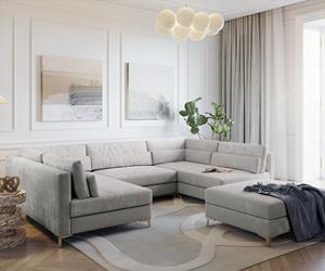 DELIFE Wohnlandschaft Elio 300x185 cm Cord Silbergrau mit Hocker