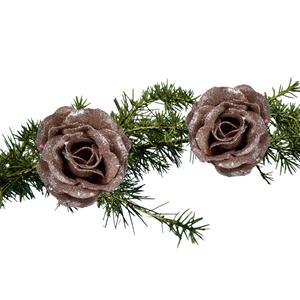 Cosy and Trendy 2x Stuks Kerstboom Bloemen/rozen Op Clip Oudroze Glitters 7 Cm - Kunstbloemen
