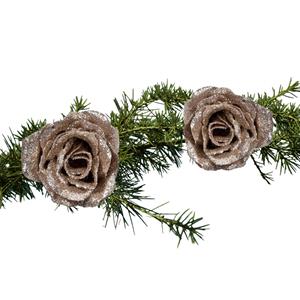 Cosy and Trendy 2x Stuks Kerstboom Decoratie Bloemen Op Clip Champagne Glitter 7 Cm - Kunstbloemen