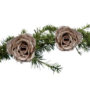 Cosy and Trendy 2x Stuks Kerstboom Decoratie Bloemen Op Clip Champagne Glitter 7 Cm - Kunstbloemen