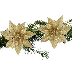 Cosy and Trendy 2x Stuks Kerstboom Bloemen Kerstster Goud Glitter Op Clip 15 Cm - Kunstbloemen