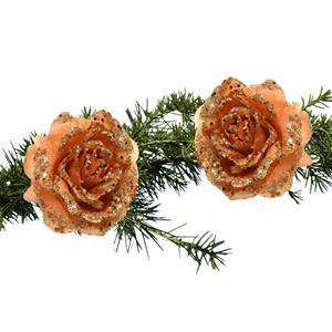 Bellatio 2x Stuks Kerstboom Bloemen Terra Bruin Glitter Op Clip 14 Cm - Kunstbloemen