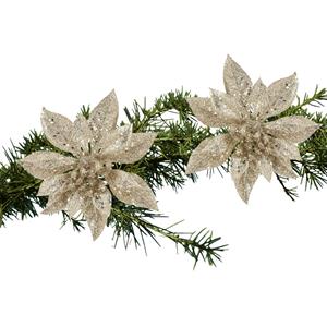 Cosy and Trendy 2x Stuks Kerstboom Decoratie Bloemen Champagne Glitter Op Clip 15 Cm - Kunstbloemen