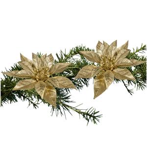 Cosy and Trendy 2x Stuks Kerstboom Bloemen Kerstster Goud Glitter Op Clip 18 Cm - Kunstbloemen