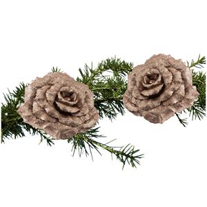 Cosy and Trendy 2x Stuks Kerstboom Decoratie Bloemen Op Clip Champagne Glitter 18 Cm - Kunstbloemen