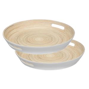 Secret de Gourmet 2x stuks dienbladen/serveerbladen rond D42 cm bamboe wit met handvaten -