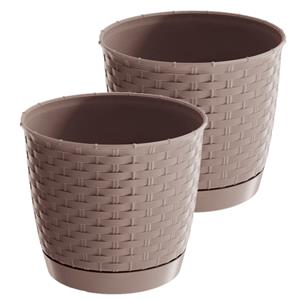 Prosperplast 2x stuks ronde gevlochten plantenpotten/bloempotten kunststof dia 14.5 cm en hoogte 12.5 cm in het taupe