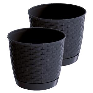 Prosperplast 2x stuks ronde gevlochten plantenpotten/bloempotten kunststof dia 14.5 cm en hoogte 12.5 cm in het antraciet grijs