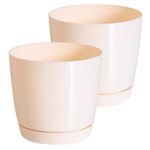 Prosperplast Set van 2x stuks plantenpotten/bloempotten kunststof rond glanzend creme/beige dia 15.5 x hoogte 14 cm voor binnen/buiten