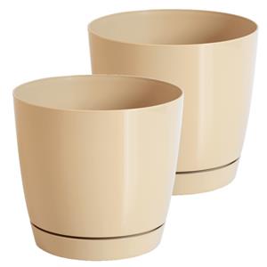 Prosperplast Set van 2x stuks plantenpotten/bloempotten kunststof rond glanzend mat goud dia 15.5 x hoogte 14 cm voor binnen/buiten