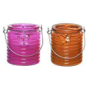 Decoris Set van 2x stuks citronella anti muggen kaarsen windlicht roze en oranje 20 branduren