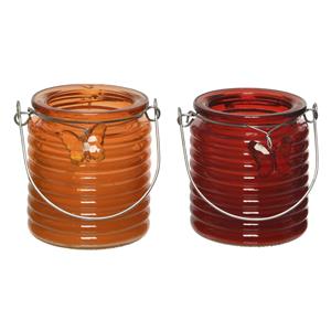 Decoris Set van 2x stuks citronella anti muggen kaarsen windlicht oranje en rood 20 branduren