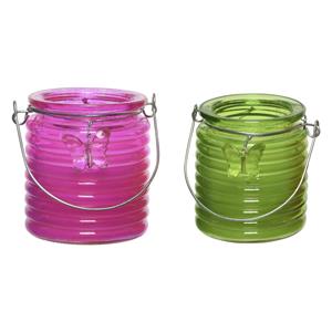 Decoris Set van 2x stuks citronella anti muggen kaarsen windlicht roze en groen 20 branduren