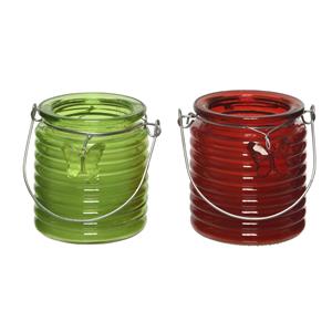 Decoris Set van 2x stuks citronella anti muggen kaarsen windlicht groen en rood 20 branduren