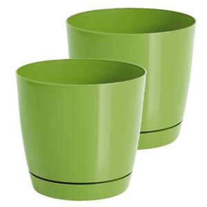 Prosperplast Set van 2x stuks plantenpotten/bloempotten kunststof rond glanzend kiwi groen dia 21 x hoogte 19 cm voor binnen/buiten