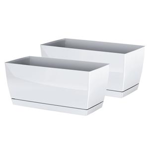 Prosperplast Set van 2x stuks plantenpotten/bloempotten kunststof glanzend parel wit 24 x 12 x 11 cm voor binnen/buiten