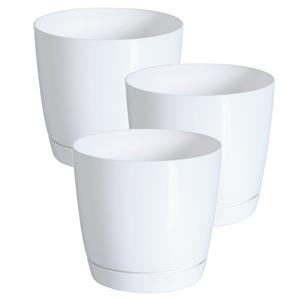 Prosperplast Set van 3x stuks plantenpotten/bloempotten kunststof rond glanzend parel wit dia 13.5 x hoogte 12.5 cm voor binnen/buiten