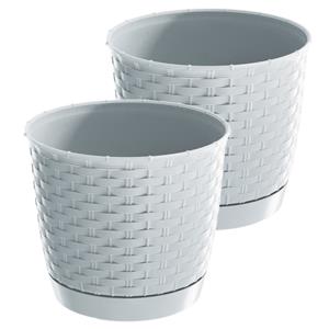 Prosperplast 2x stuks ronde gevlochten plantenpotten/bloempotten kunststof dia 19 cm en hoogte 16.5 cm in het parel wit