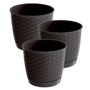 Prosperplast 3x stuks ronde gevlochten plantenpotten/bloempotten kunststof dia 16.5 cm en hoogte 14 cm in het donkerbruin