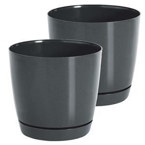Prosperplast Set van 2x stuks plantenpotten/bloempotten kunststof rond glanzend antraciet grijs dia 24 x hoogte 22 cm voor binnen/buiten