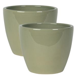 Steege 2x stuks plantenpot/bloempot in een strakke Scandinavische look mosgroen Dia 16 cm en Hoogte 13 cm glanzend