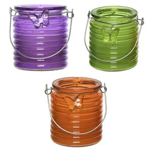 Decoris Set van 3x stuks citronella anti muggen kaarsen windlicht paars, groen en oranje 20 branduren