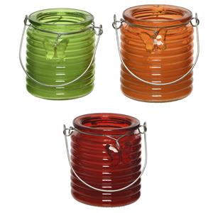 Decoris Set van 3x stuks citronella anti muggen kaarsen windlicht groen, oranje en rood 20 branduren