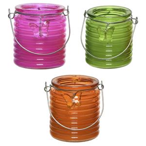 Decoris Set van 3x stuks citronella anti muggen kaarsen windlicht roze, groen en oranje 20 branduren