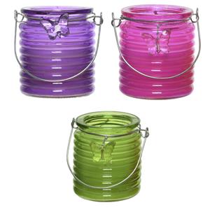 Decoris Set van 3x stuks citronella anti muggen kaarsen windlicht paars, roze en groen 20 branduren