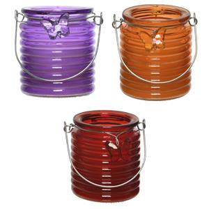 Decoris Set van 3x stuks citronella anti muggen kaarsen windlicht paars, oranje en rood 20 branduren