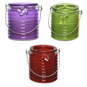 Decoris Set van 3x stuks citronella anti muggen kaarsen windlicht paars, groen en rood 20 branduren